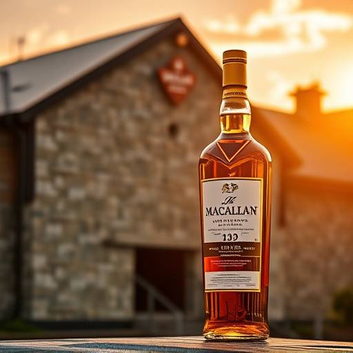 A bottle of The Macallan whisky in front of the Macallan Distillery