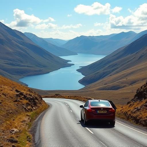 A car driving along a winding road through the Scottish Highlands, with mountains in the background and a loch on the side.