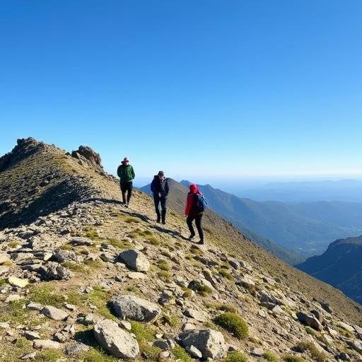A group hiking up a rugged, rocky mountain trail in the Scottish Highlands, under a clear blue sky.
