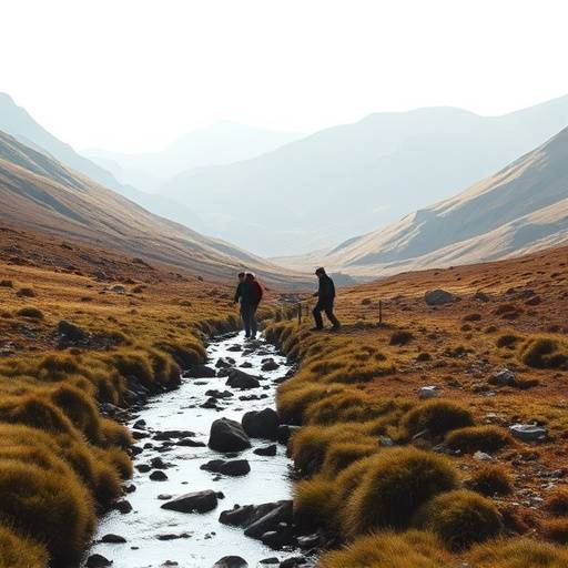 A group of hikers crossing a stream in a remote valley in the Scottish Highlands