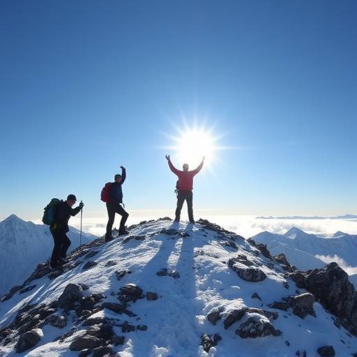 A group of mountaineers reaching the summit of a snow-capped mountain in Scotland
