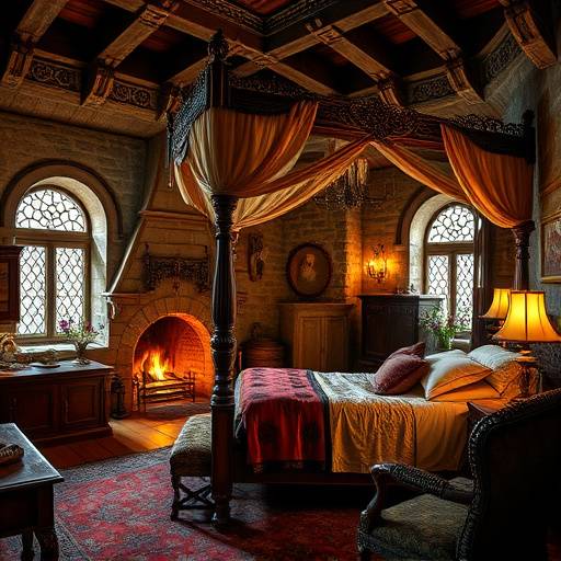A lavishly decorated bedroom inside a castle, featuring a four-poster bed, ornate furniture, and a roaring fireplace.