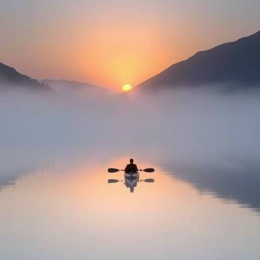 A lone kayaker paddling through a misty loch at sunrise in the Scottish Highlands