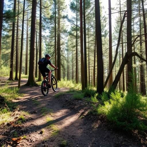 A mountain biker navigating a winding trail through a dense forest of pine trees in the Highlands.