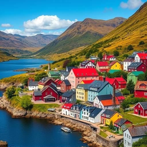 A picturesque view of a small, colorful village in the Scottish Highlands, nestled between mountains and a loch.