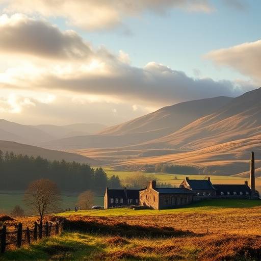 A scenic view of the Dalwhinnie Distillery nestled in the Highlands