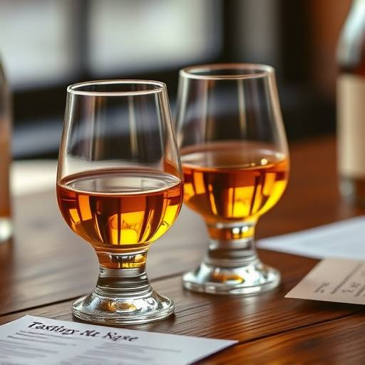 A selection of whisky glasses, each filled with different shades of whisky, set on a wooden table with tasting notes beside them.