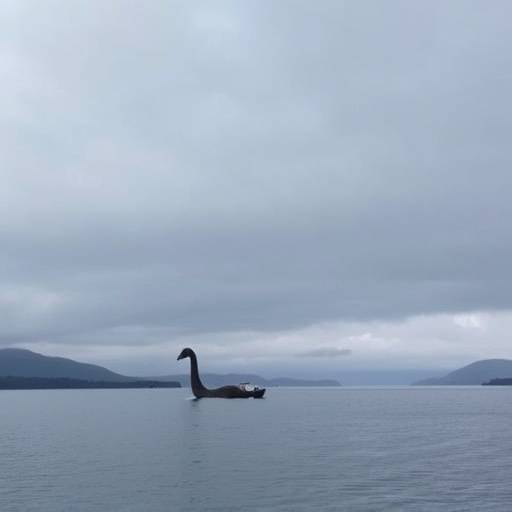 A serene view of Loch Ness, with a small boat gently gliding across the still water under a cloudy sky.