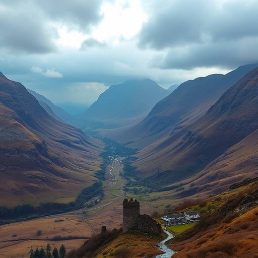 A stunning panoramic view of Glencoe, with its dramatic mountains, valleys, and historic landscape.