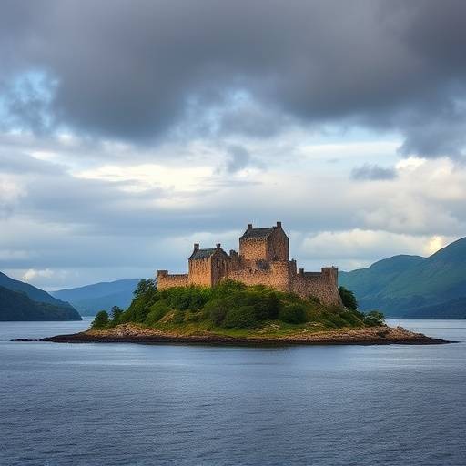 A sweeping view of Eilean Donan Castle, situated on a small island at the meeting point of three sea lochs, under a dramatic sky.