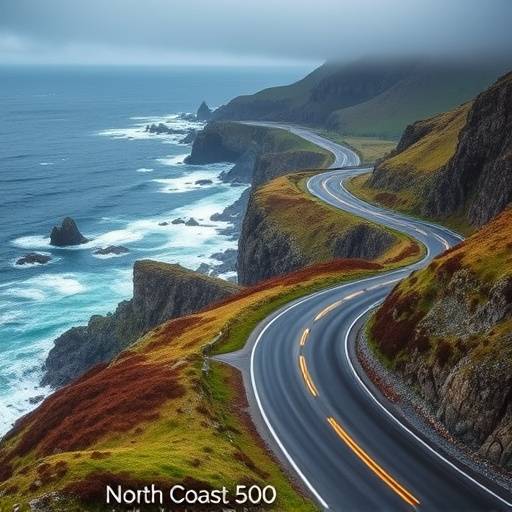 A winding road along the dramatic coastline of the North Coast 500, Scotland