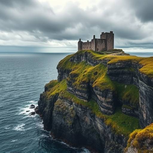 Dunskey Castle perched on a clifftop, overlooking the rugged Scottish coastline.