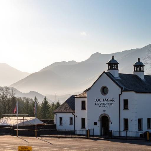 Exterior of the Royal Lochnagar Distillery with the Highlands in the background