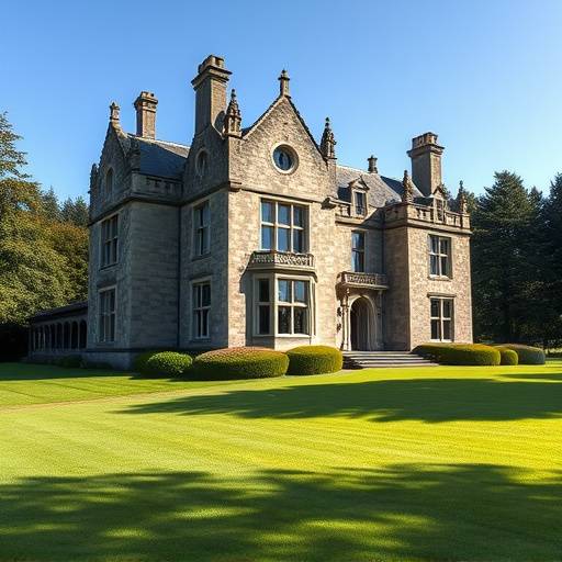 Exterior view of the majestic Achnagairn Castle, surrounded by lush green lawns.
