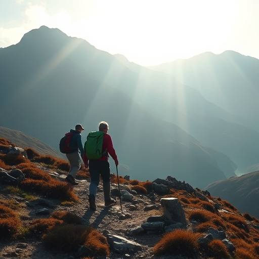 Hikers ascending a rugged mountain trail in the Cairngorms National Park