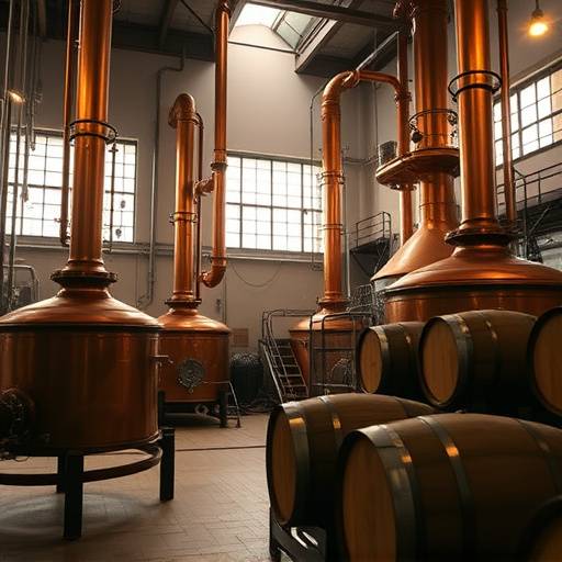 Inside a whisky distillery, showcasing copper pot stills, wooden barrels, and the intricate process of whisky making.
