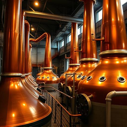 Inside view of the Glenfiddich Distillery, showing copper stills