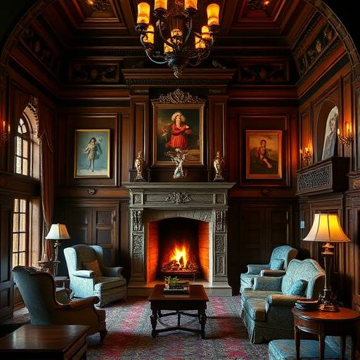 Interior of Aldourie Castle's grand hall, featuring antique furniture and a roaring fireplace.