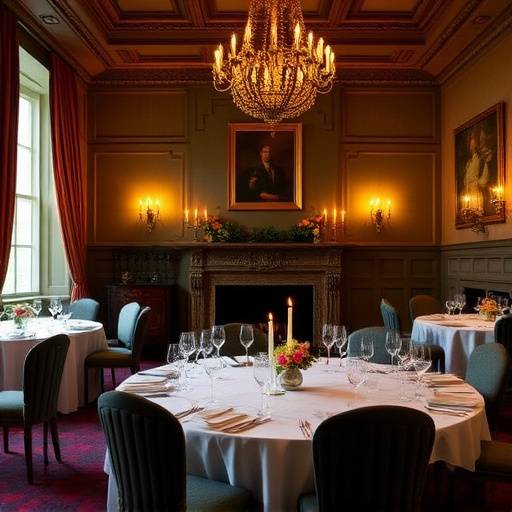 Inverlochy Castle Hotel's elegant dining room, set for a formal dinner.