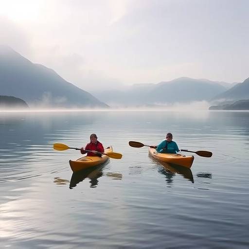 Kayakers paddling on a calm loch surrounded by mountains in the Scottish Highlands