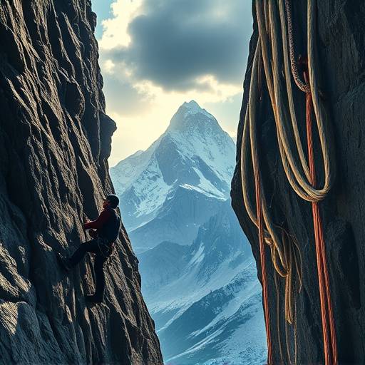 Rock climber scaling a steep rock face with ropes and safety gear in a remote mountain setting