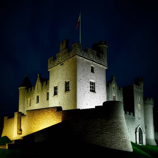 The exterior of a grand Scottish castle, illuminated at night, showing turrets, stone walls, and elegant windows.
