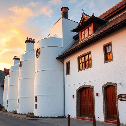 The exterior of a traditional Scottish whisky distillery, with whitewashed walls, a pagoda roof, and the distillery's name proudly displayed.